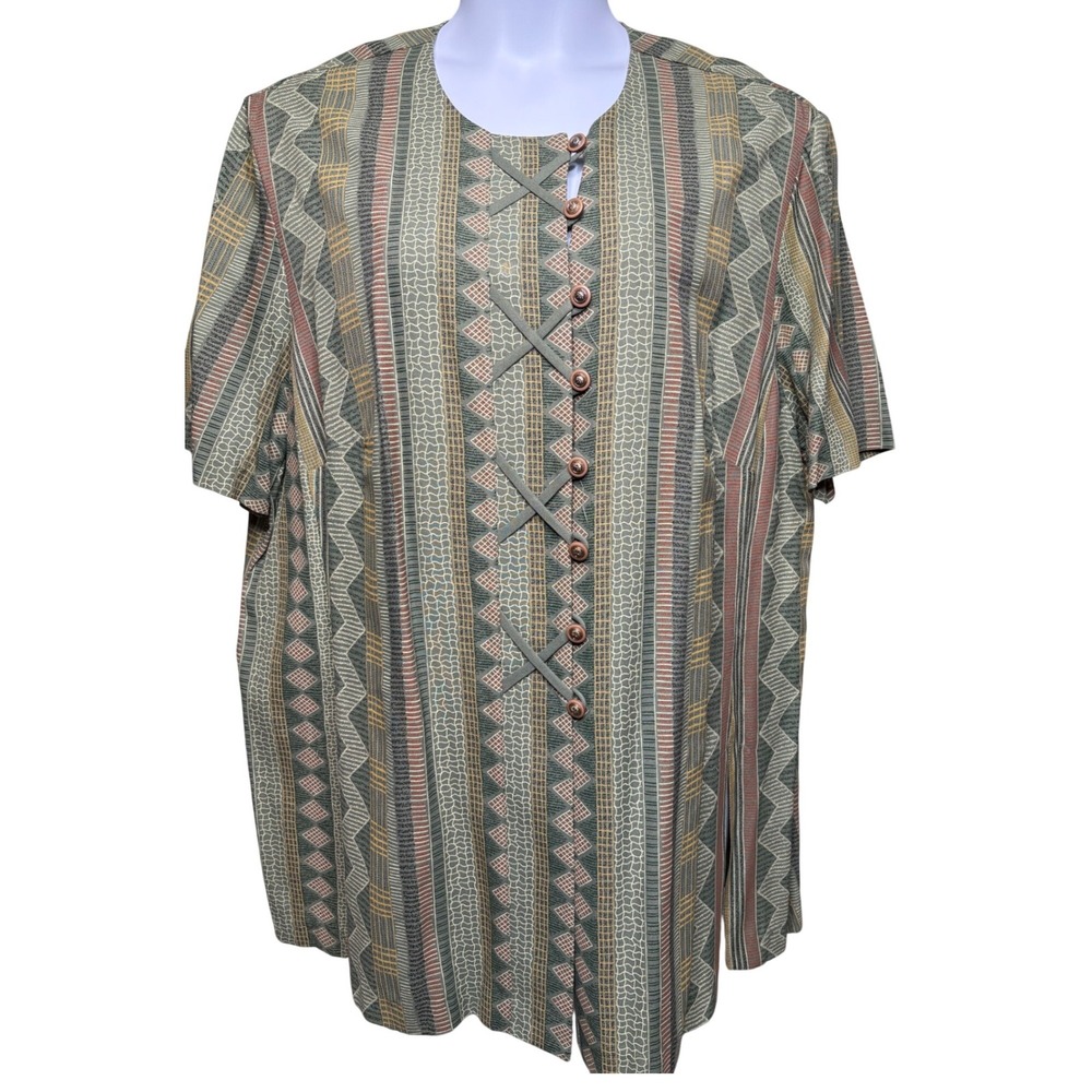R&M RICHARDS Womens Green Geometric Short Sleeve Button Front Top 2X Boho Artsy